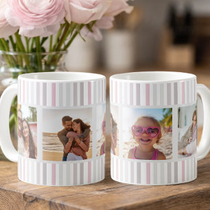 Mug Grille de photos multiples rose grise chic et rayé