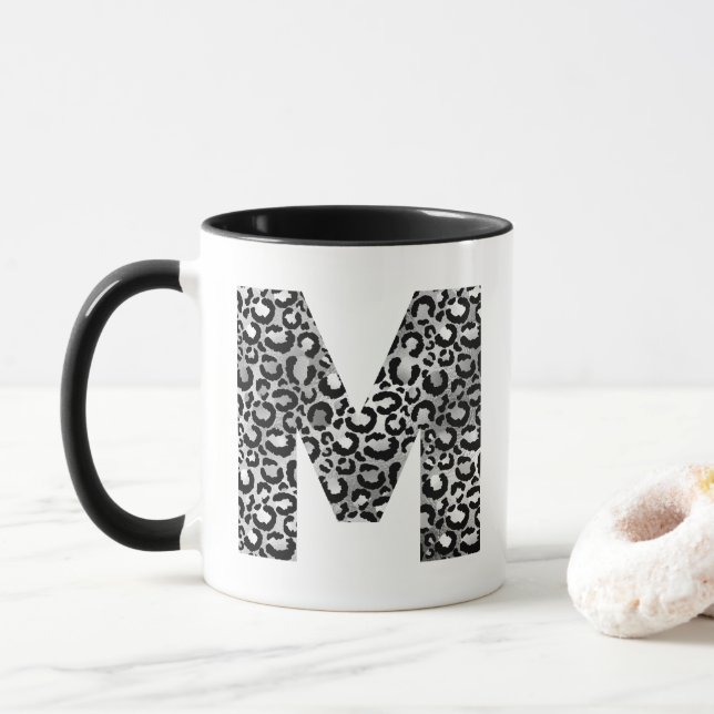 Mug Gris argenté et noir M initial Monogramme (Avec donut)