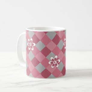 Mug Gris et carreaux rose avec fleurs de camomille