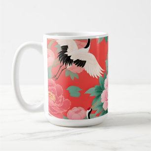Mug Grues japonaises Pivoines Rouge Chinoiserie Élégan