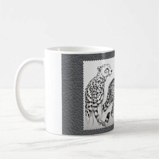 Mug Guépards sur le cuir gris de Faux (Gauche)