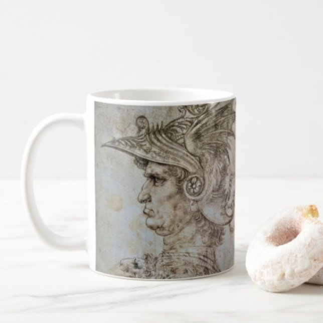 Mug Guerrier casqué de Léonard (Da Vinci’s Ancient Warrior Sketch mug available in 11 oz & 15 oz. Microwave and dishwasher safe. )