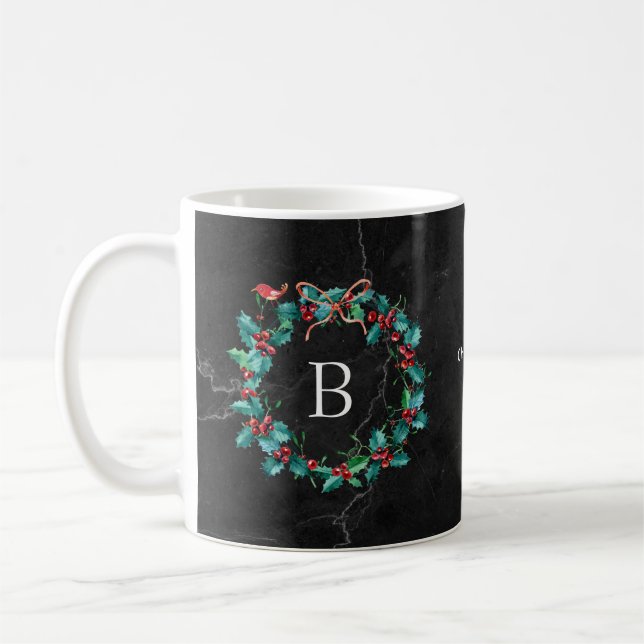 Mug Guirlande de marbre noire de Noël de monogramme (Gauche)
