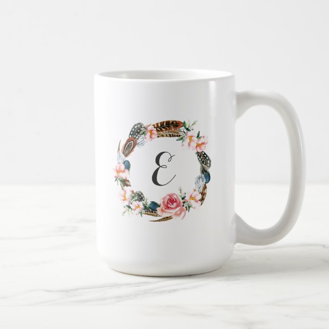 Mug Guirlande florale d'aquarelle avec le monogramme (Droite)