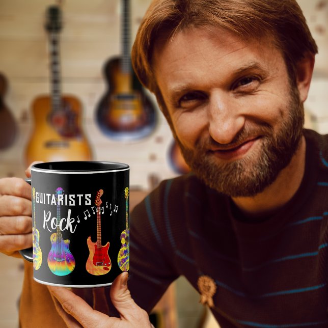 Mug Guitaristes Rock Guitares colorées (Guitarist rock cool colorful cool electric guitar acoustic guitar pattern on black)