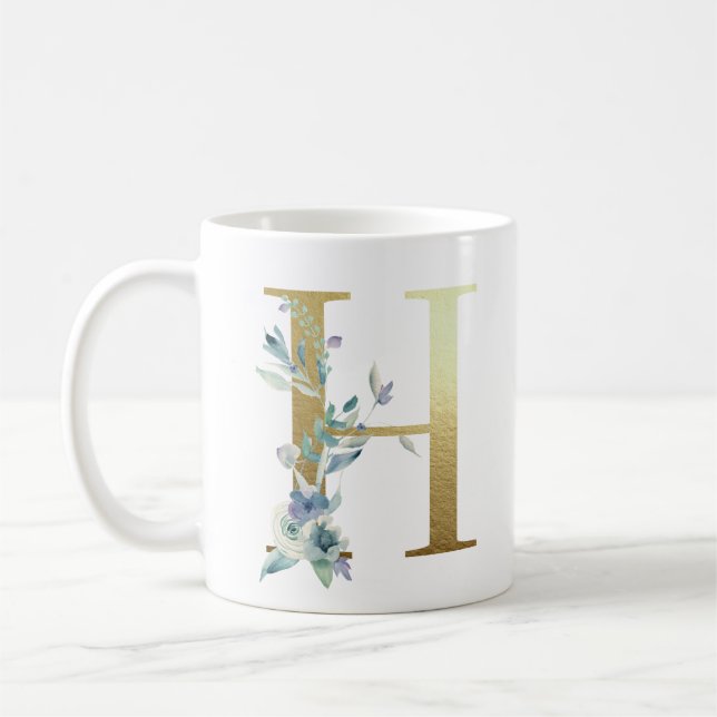 Mug H initial doré avec feuillage floral bleu (Gauche)
