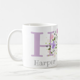 Mug H initiale et le nom Harper avec des fleurs