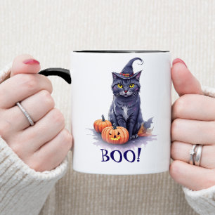 Mug Halloween aquarelle noir chat avec citrouille