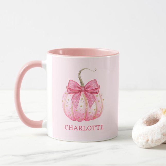 Mug Halloween Citrouille rose Coquette Bow Personnalis (Avec donut)