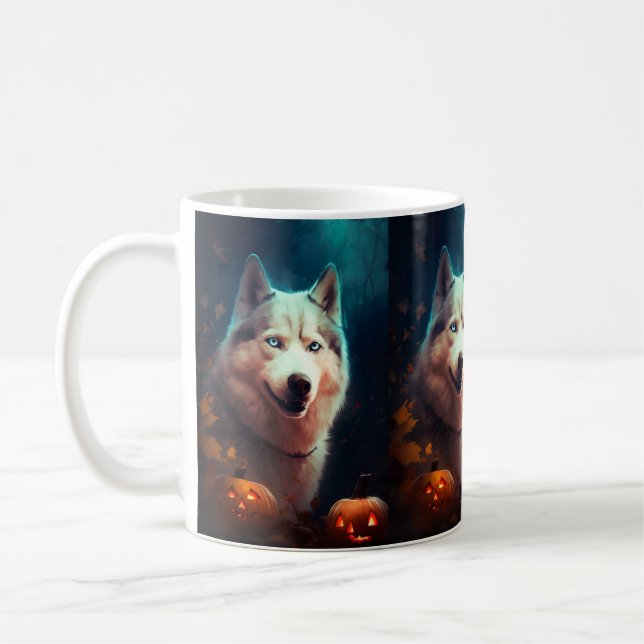 Mug Halloween Husky Sibérien Avec La Peur Citrouille (Gauche)