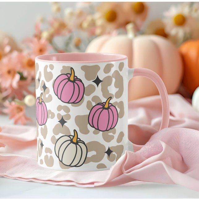 Mug Halloween Leopard rose et blanc Citrouilles (Girly Leopard Pink and White Pumpkins Halloween Mug)