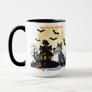 Mug Halloween "Meow & Woof at Midnight" Chat & Werewol