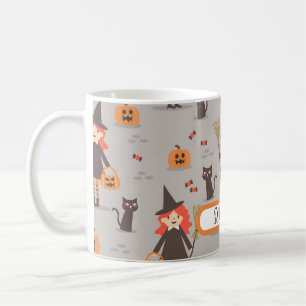 Mug Halloween mignonne sorcière, Citrouille, Chat noir