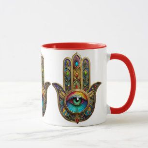 Mug Hamsa coloré orné doré sur fond rouge Troisième Œi