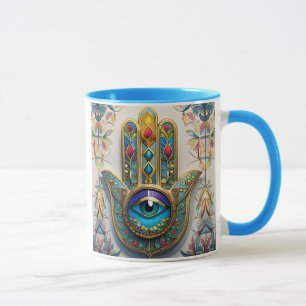 Mug Hamsa du Troisième Œil Bleu-Vert Filigrane Coloré