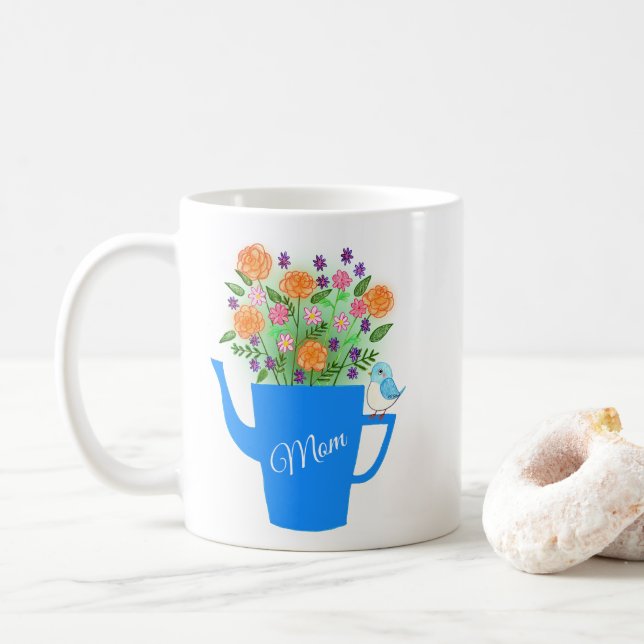 Mug Hand-drawn Floral Bird Art Mothers Day gift (Avec donut)
