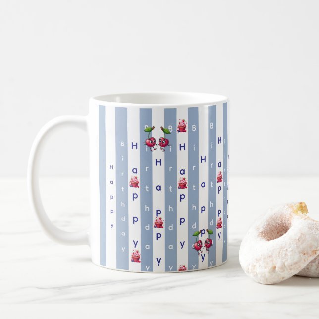 Mug Happy Birthday Blue & White Stripe  (Avec donut)