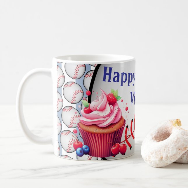 Mug Happy Birthday Blue & White Stripe Baseball (Avec donut)