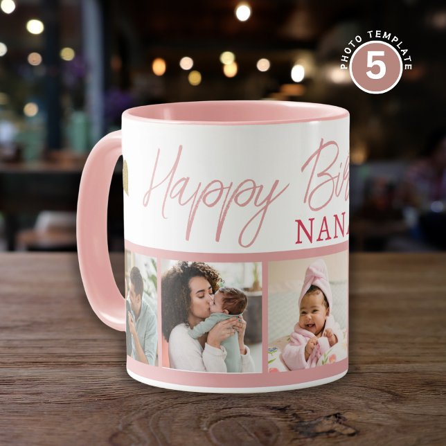 Mug Happy Birthday Nana 5 Photo Collage Pink (Créateur téléchargé)