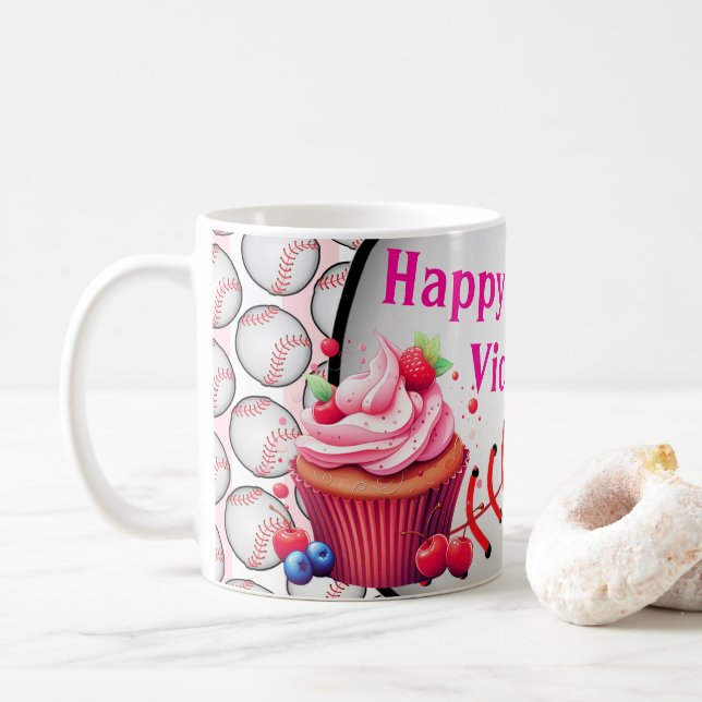 Mug Happy Birthday Pink & White Stripe Baseball (Avec donut)