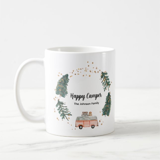 Mug Happy Camper mignonne Whimsical Nom de famille Scr (Gauche)