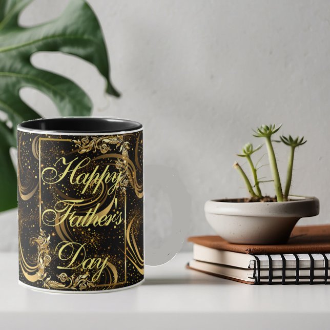 Mug Happy Fête des pères Gold Calligraphy Black Swirls (Happy Father's Day Gold Calligraphy Black Swirls Mug)