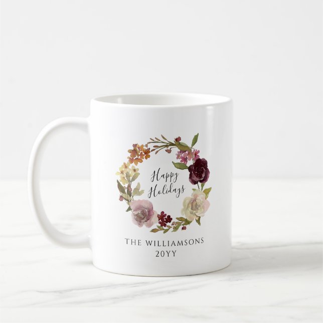 Mug Happy Holidays Floral Wreath Family Name (Gauche)