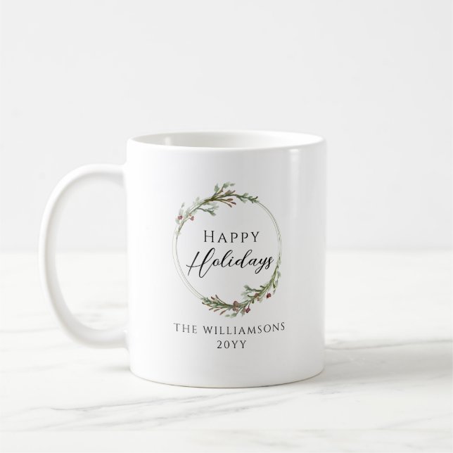 Mug Happy Holidays Minimalist Family Name Wreath (Gauche)