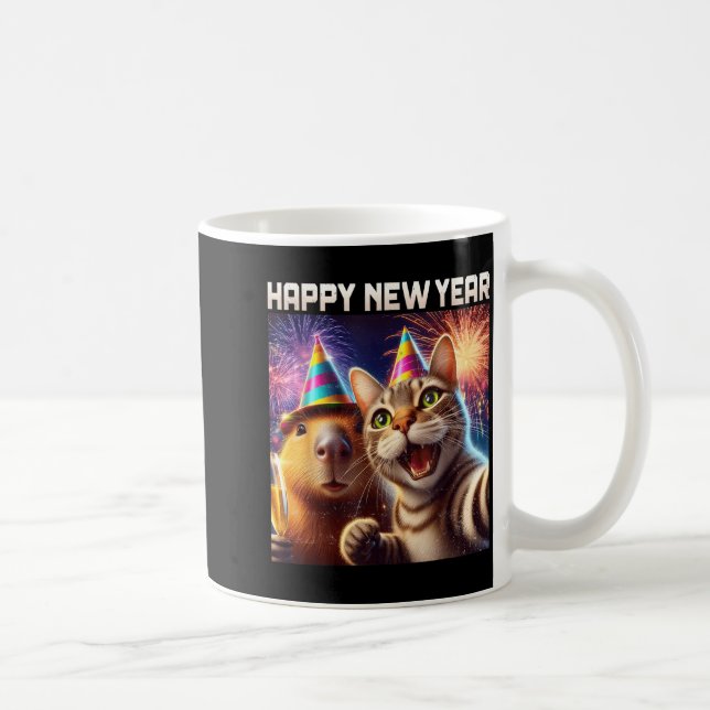 Mug Happy New Year 2026 Cute Cat Capybara Party Art  (Droite)
