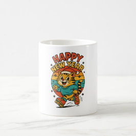 Mug Happy New Year Cat - Cute 80s Cartoon Skating  