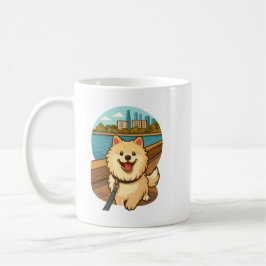 Mug Happy Samoyed Walk by the City Waterfront