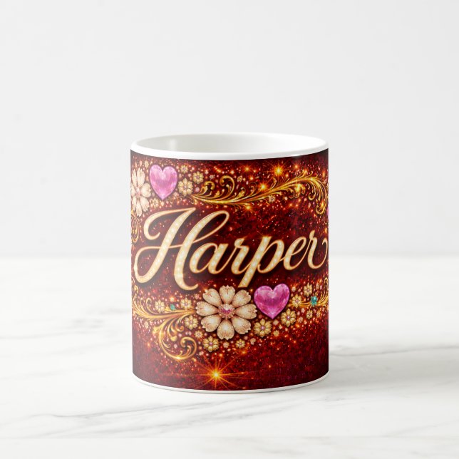 Mug Harper Custom Pink Heart Gold Floral Romantic Gift (Centre)