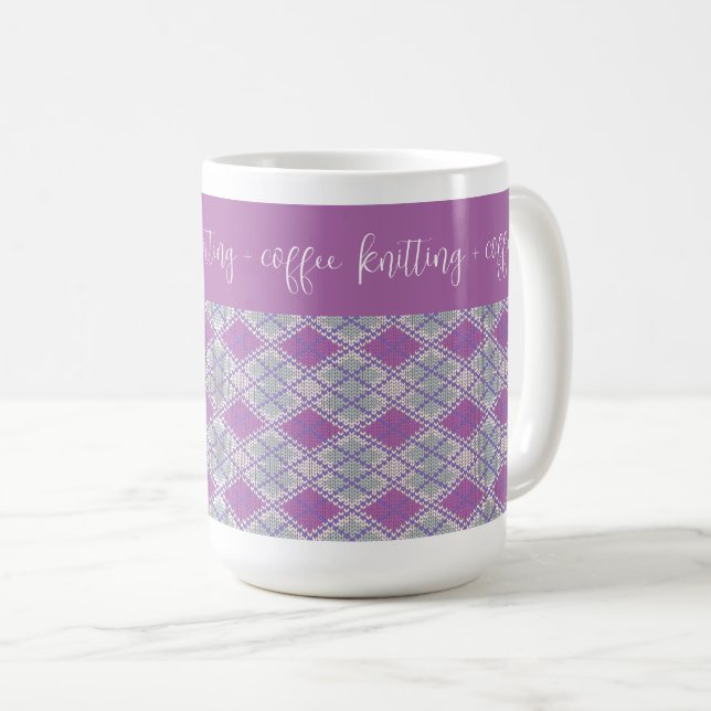 Mug HAUT "tricoter + café" MAILLOT ARGYLE LILAS (Devant droit)
