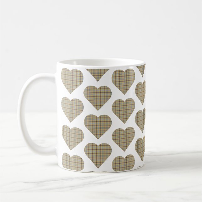 Mug Heart Shaped Plaid Tan Blue White (Gauche)