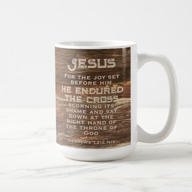 Mug Hébreux 12:2 Verset biblique Monogramme rustique e (Droite)
