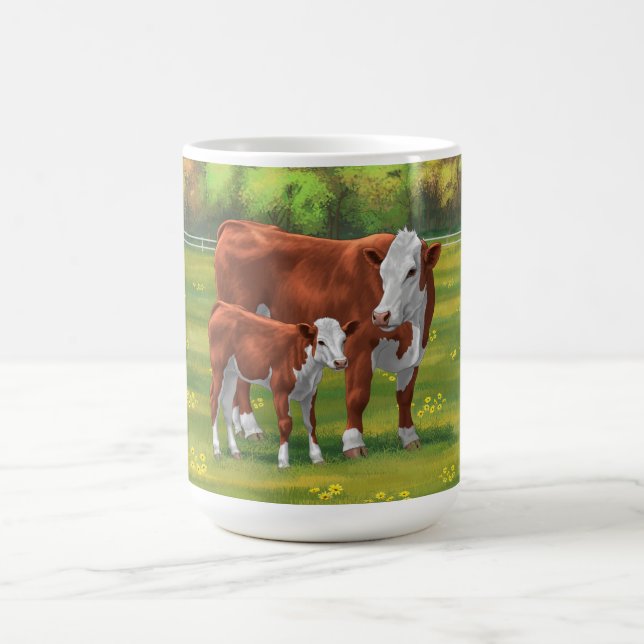 Mug Hereford Cow & Cute Calf dans les pâturages d'été (Centre)