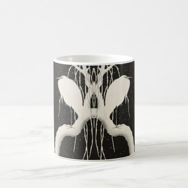 Mug Heron blanc, oiseau neige hiver vintage illustrati (Centre)