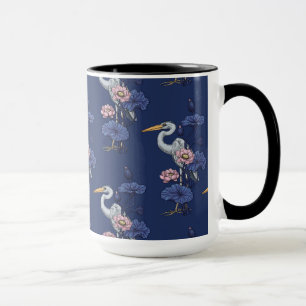 Mug Héron dans le jardin de lotus rose sur fond bleu d