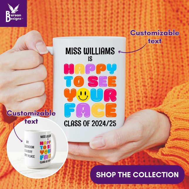 Mug HEUREUX DE VOIR VOTRE VISAGE Enseignant maternelle (HAPPY TO SEE YOUR FACE Teacher Appreciation gift coffee mug with customizable text.)