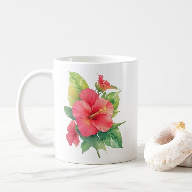 Mug Hibiscus rose Aquarelle Fleurs (Avec donut)