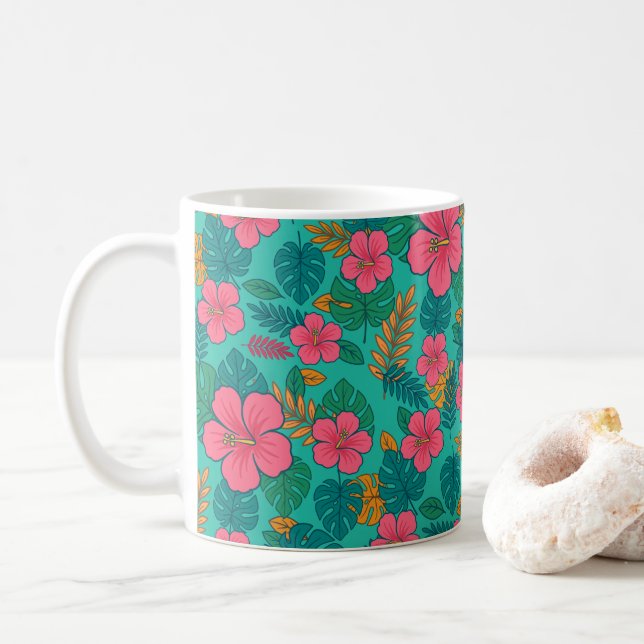 Mug Hibiscus Tropical et Motif Feuille de Palmier (Avec donut)