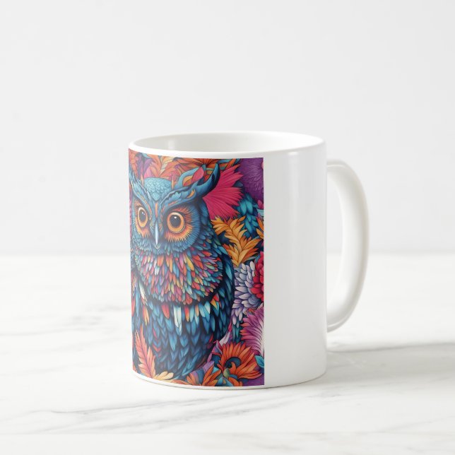 Mug Hibou Art Dessin hibou bleu et fleurs roses (Devant droit)