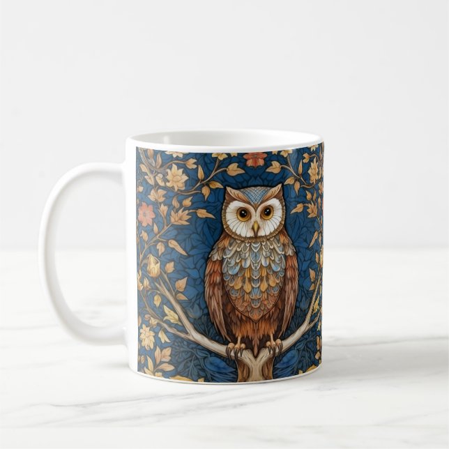 Mug Hibou sur une branche bleu automne arrière - plan  (Gauche)