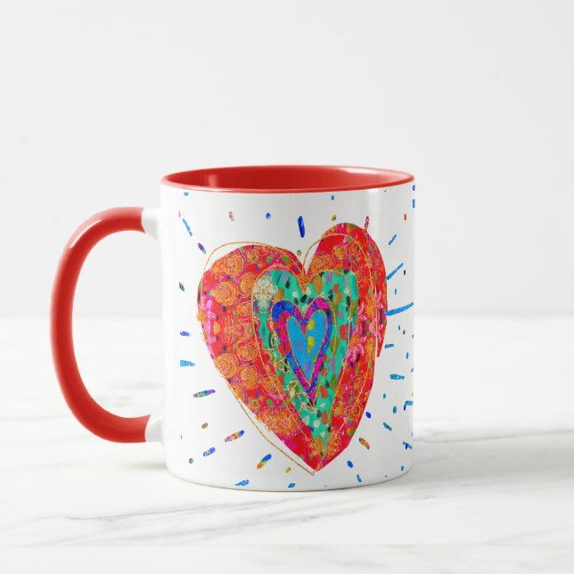 Mug Hippie rouge rose turquoise Coeur d'aquarelle rétr (Gauche)