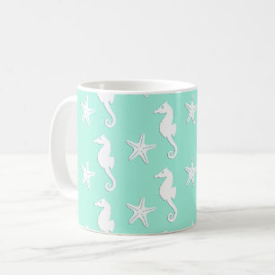 Mug Hippocampe et étoiles de mer - blanc sur l'aqua