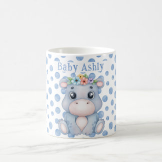 Mug Hippopotame mignon avec nom de bébé pois bleus