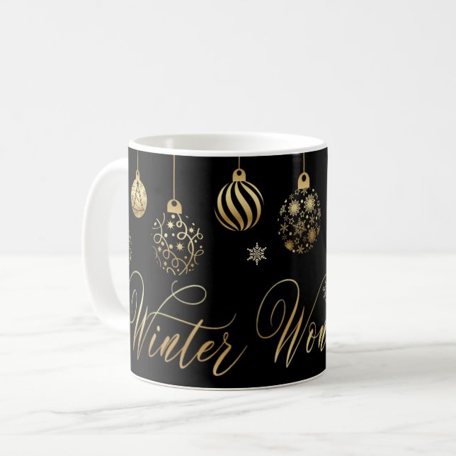 Mug hiver merveilleux or noir ornements noël (Devant gauche)