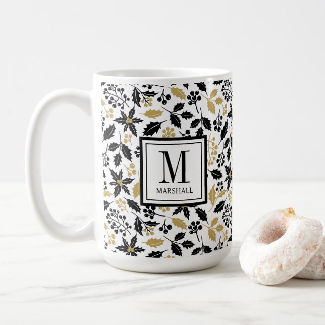 Mug Holly Berries Black Gold Name Monogram Christmas (Avec donut)
