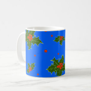 Mug Holly (Ilex) Motif de Noël sur Arrière - plan bleu