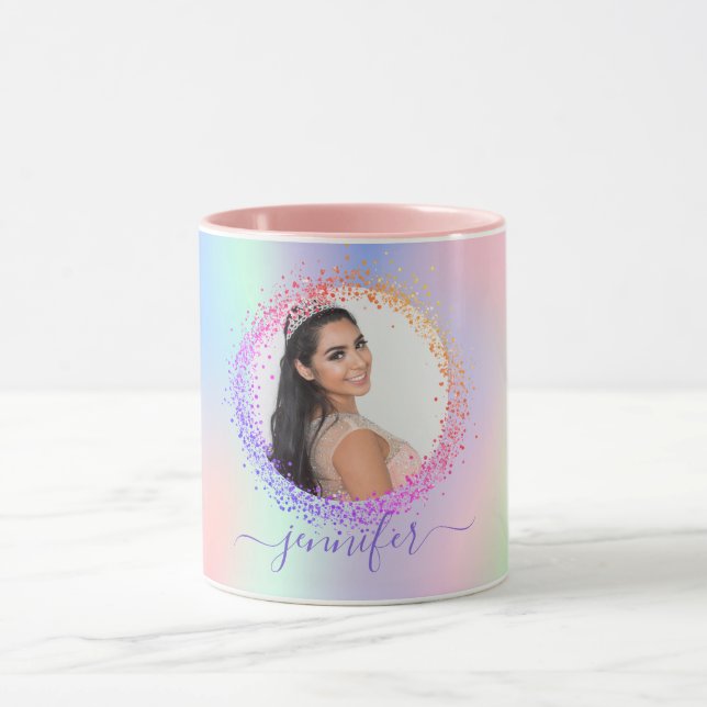 Mug Holographe photo rose violet nom script (Centre)